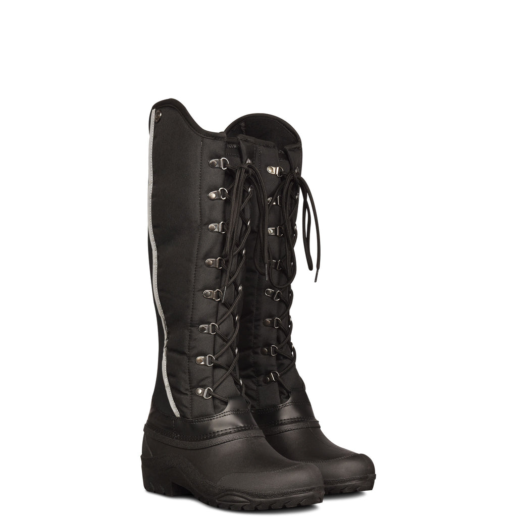 Black lace-up winter riding boot with contrasting light side trim