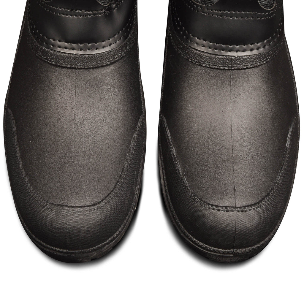 Pair of black boot uppers with textured stitching and curved toe detail
