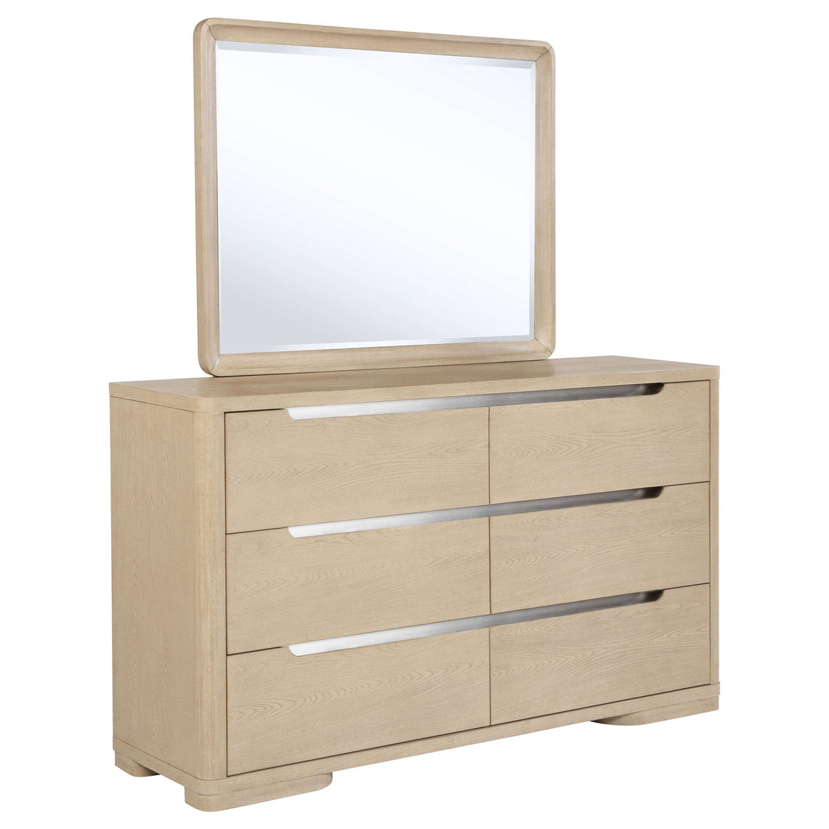 Light elm 6-drawer dresser with square mirror frame and three long pull handles