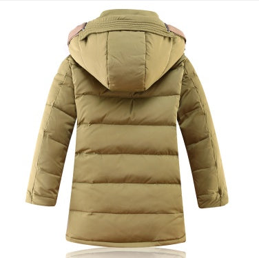 Children's winter puffer jacket, khaki, hooded back view with quilted padding