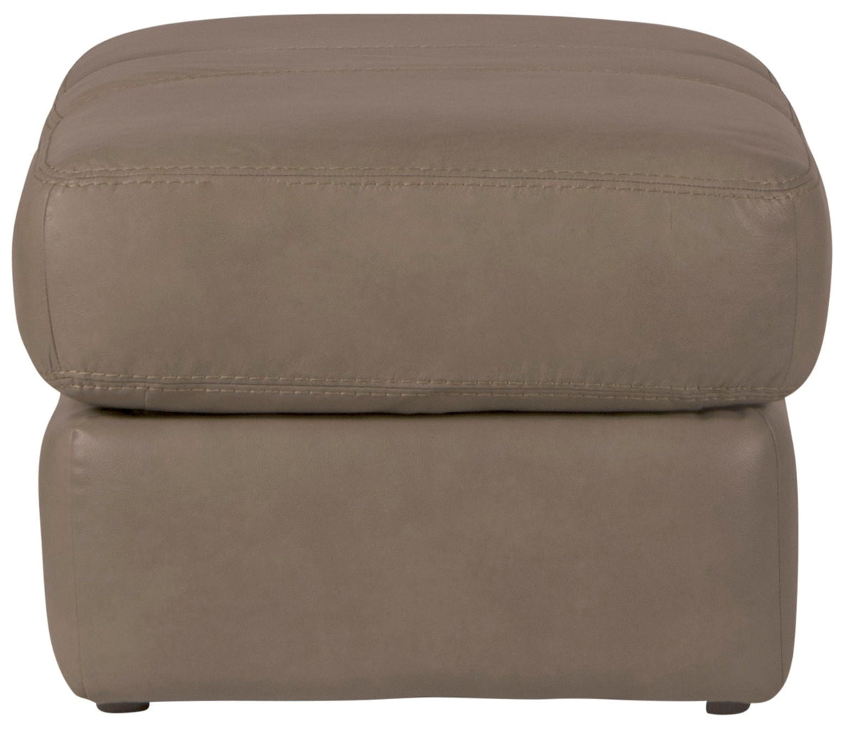 Putty leather ottoman side view with low feet and stitched top seam.