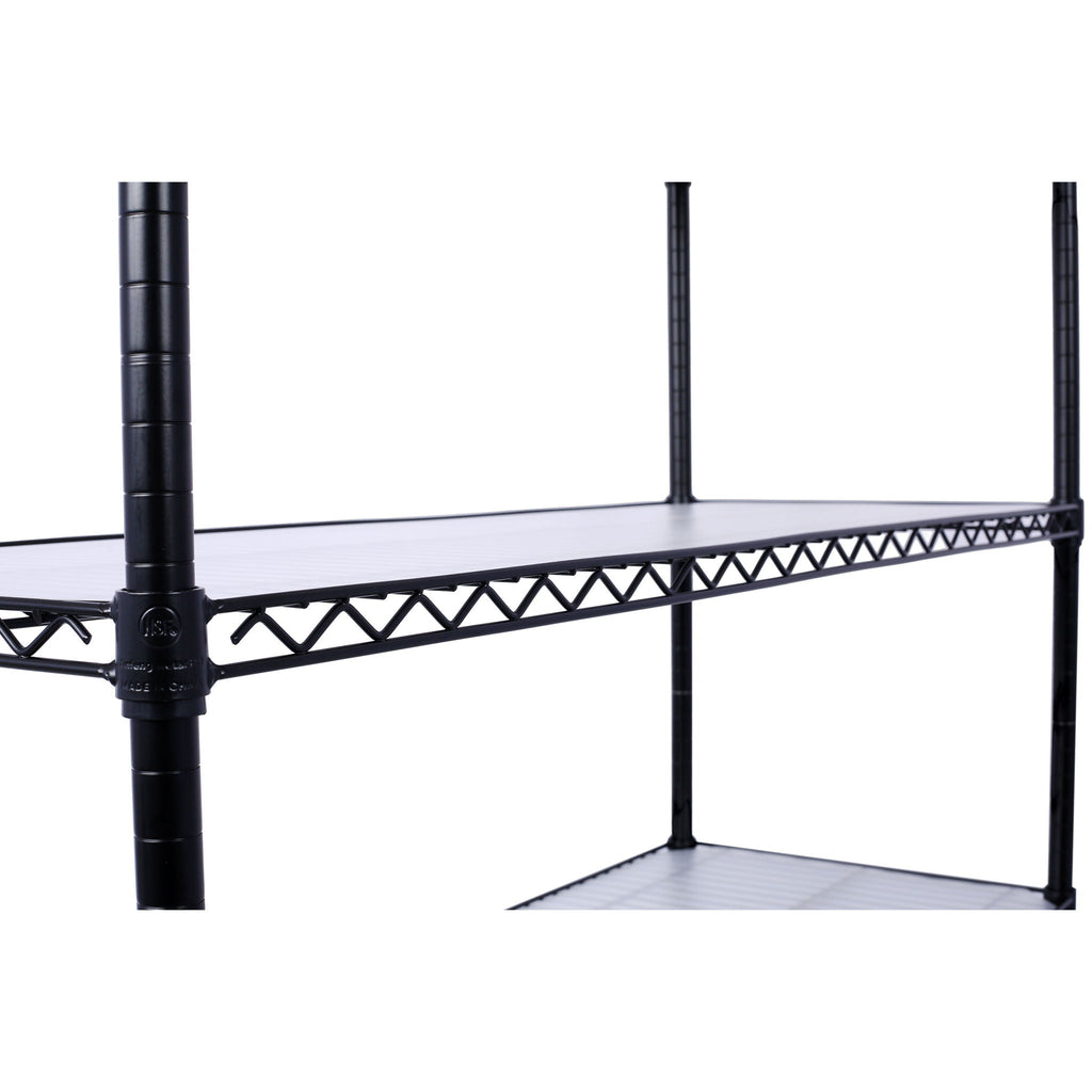 Black wire shelving corner with cross-braced frame and mesh shelf platform