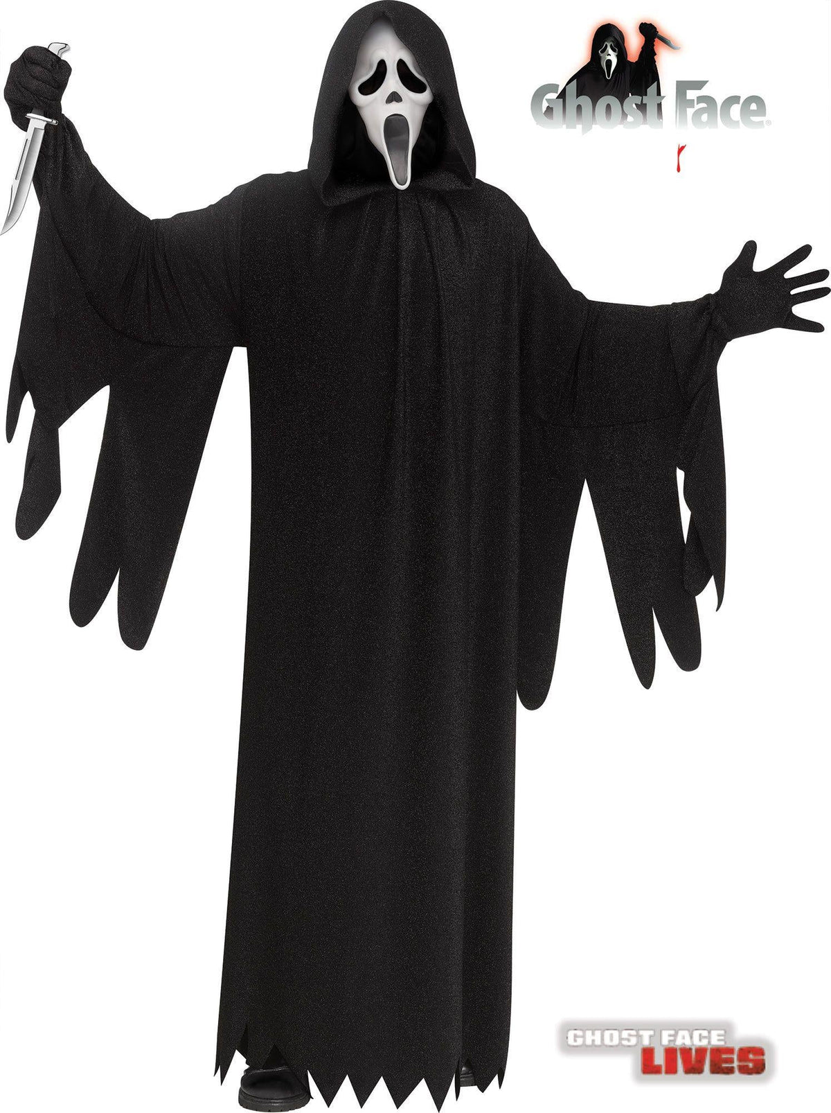 Black hooded ghost costume with white face mask, long sleeves, and jagged hem