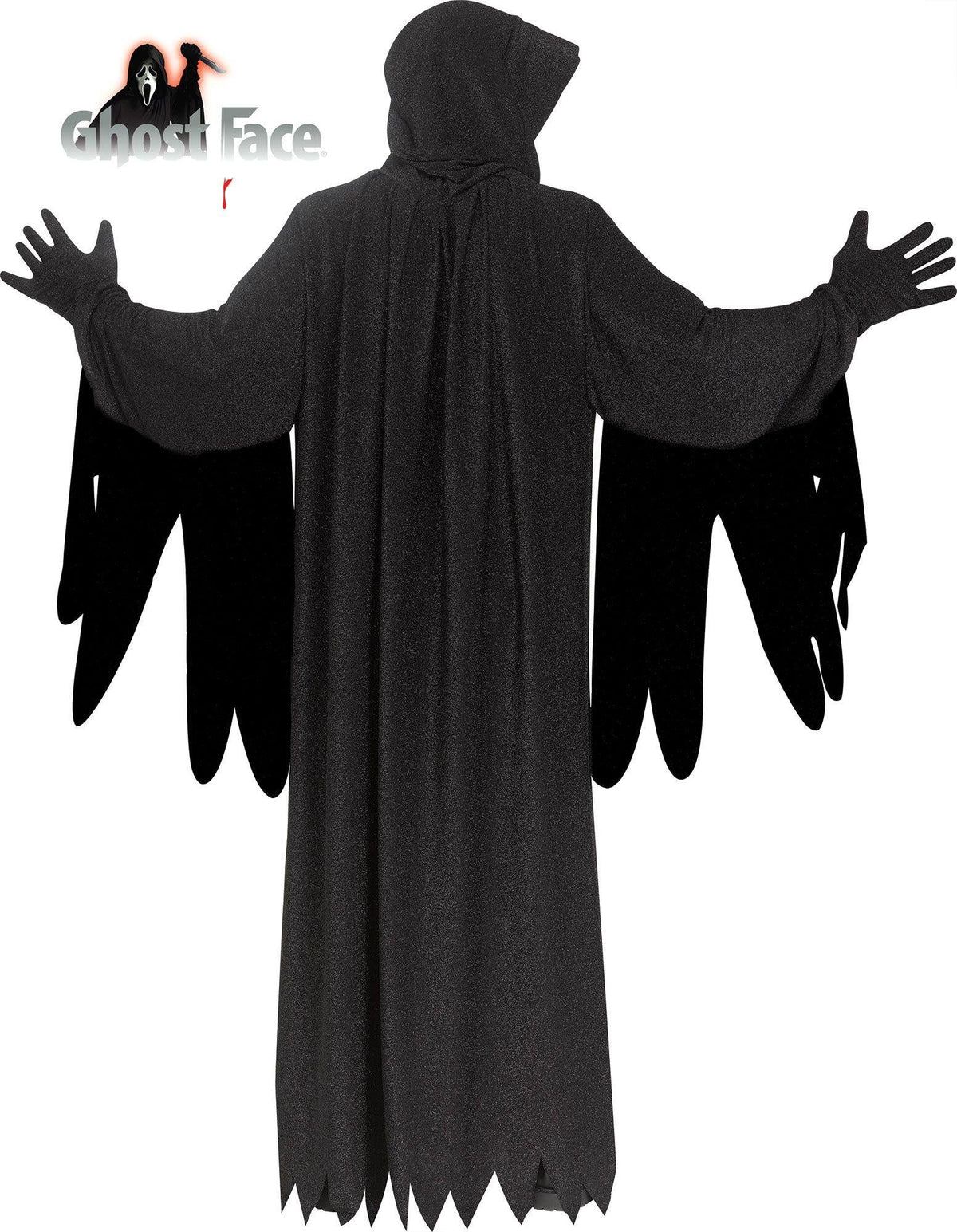 Black hooded ghost costume with white face mask, open arms, and jagged cuff details