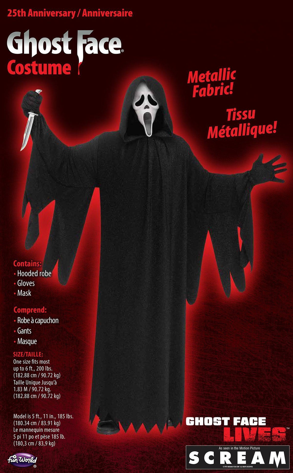 Black hooded ghost costume robe with white face mask and open arms on package artwork