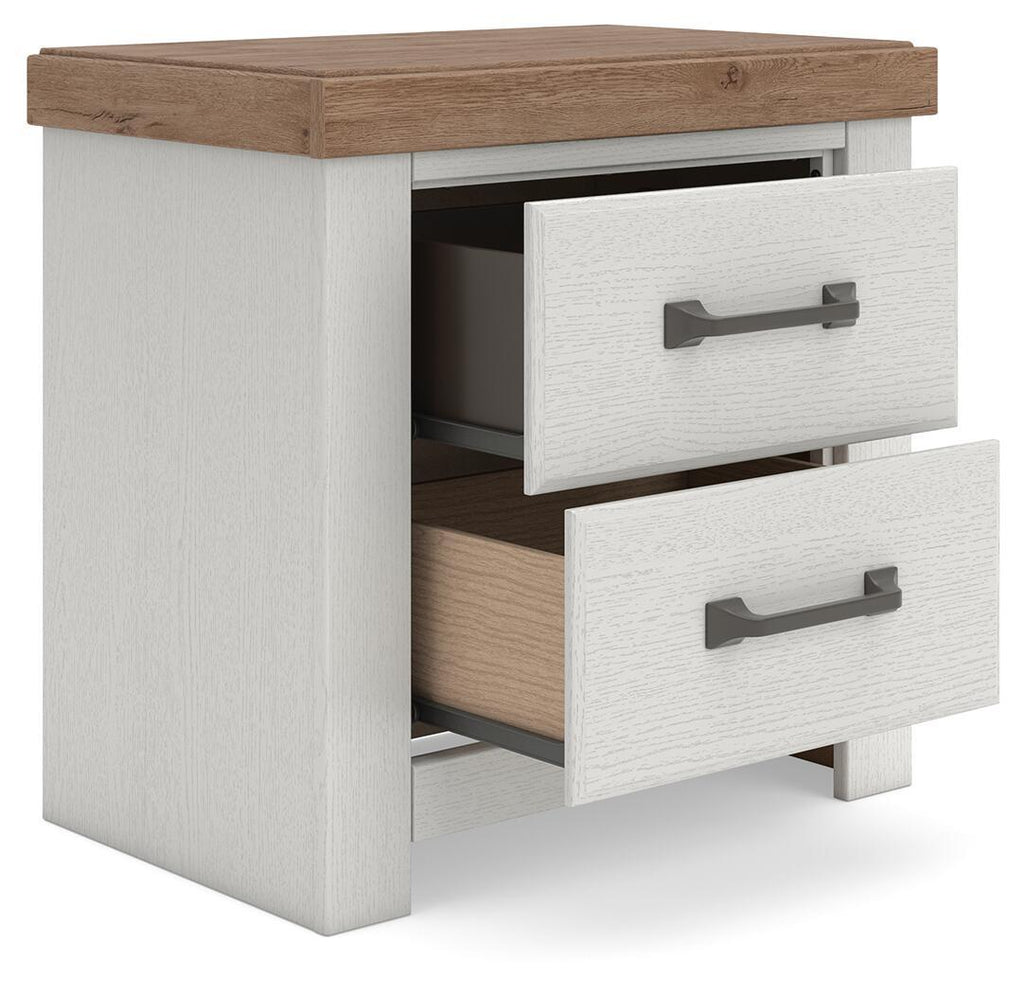 Two-drawer nightstand with open drawers, white frame, brown top, and metal bar handles