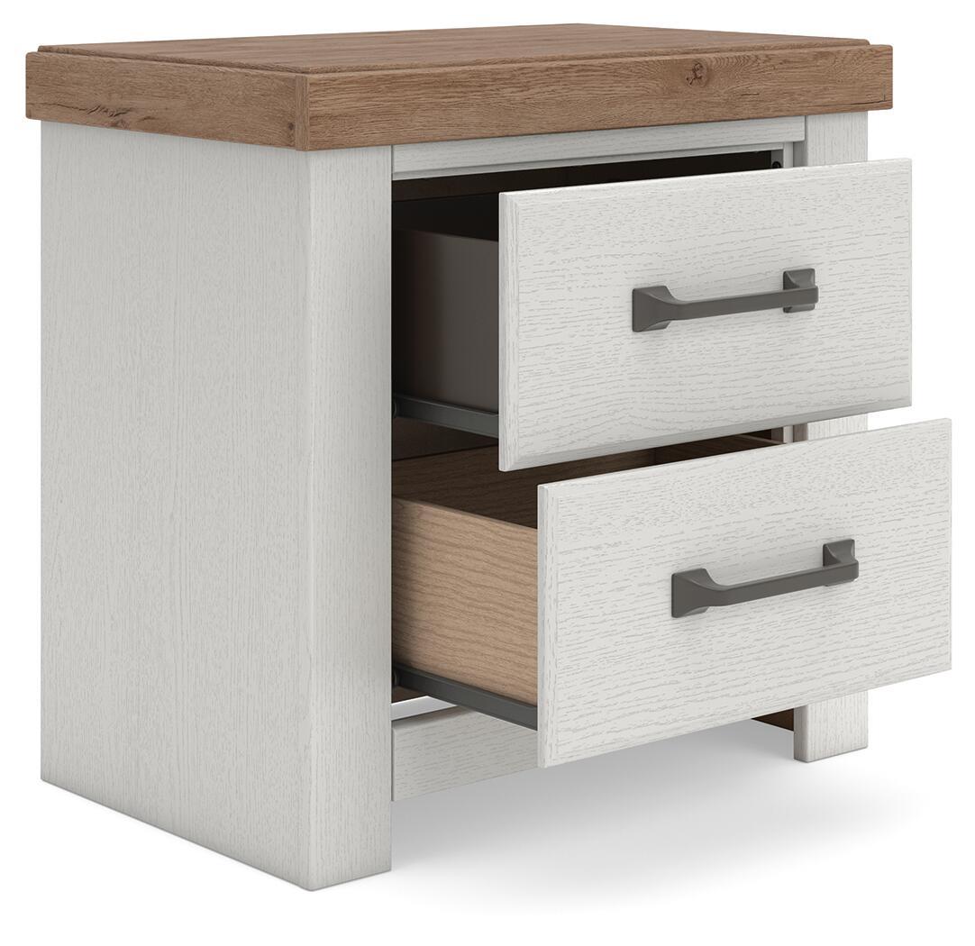 Two-drawer nightstand with open drawers, white frame, brown top, and metal bar handles