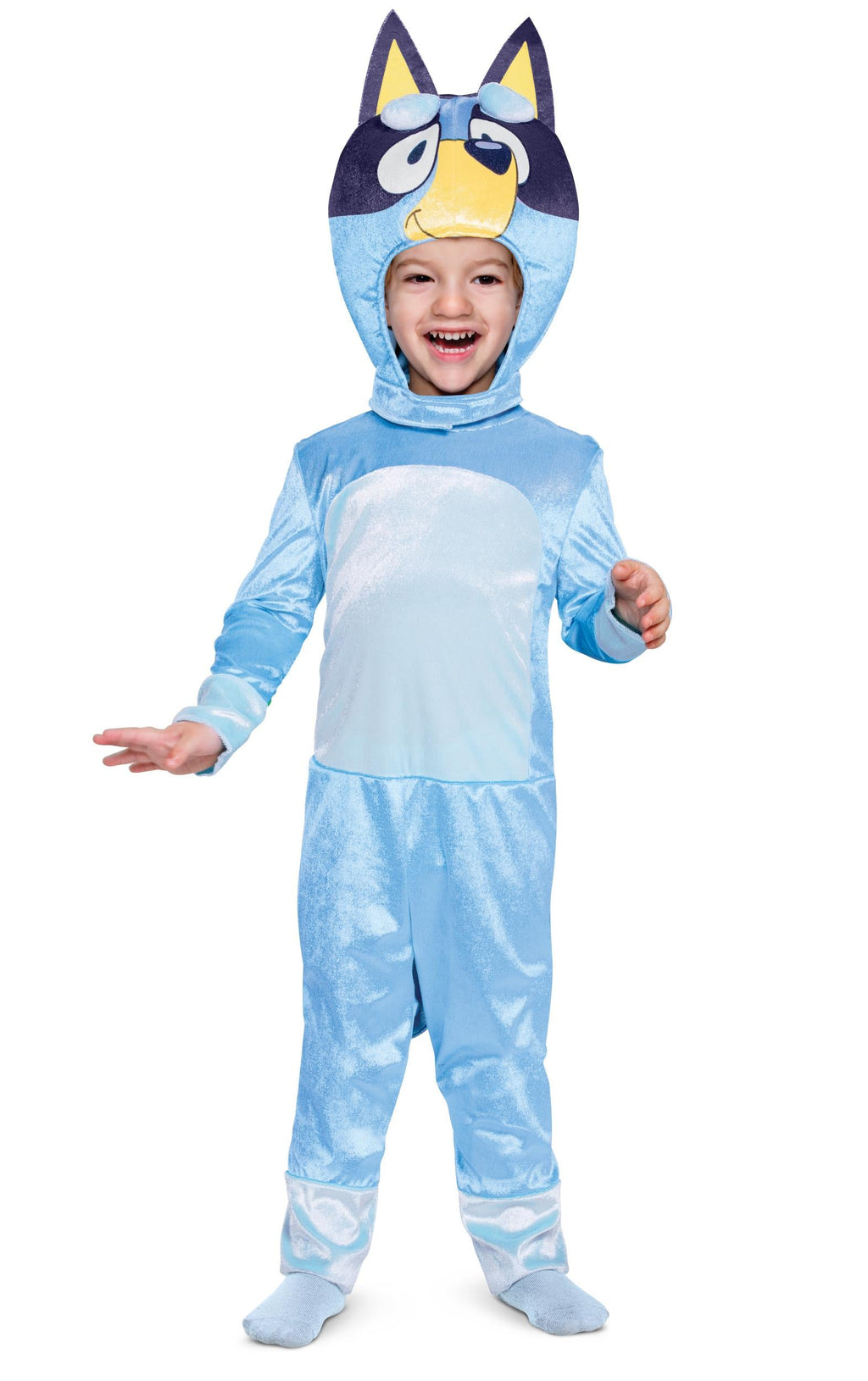 Toddler blue hooded jumpsuit costume with animal-ear hood and yellow character face panel