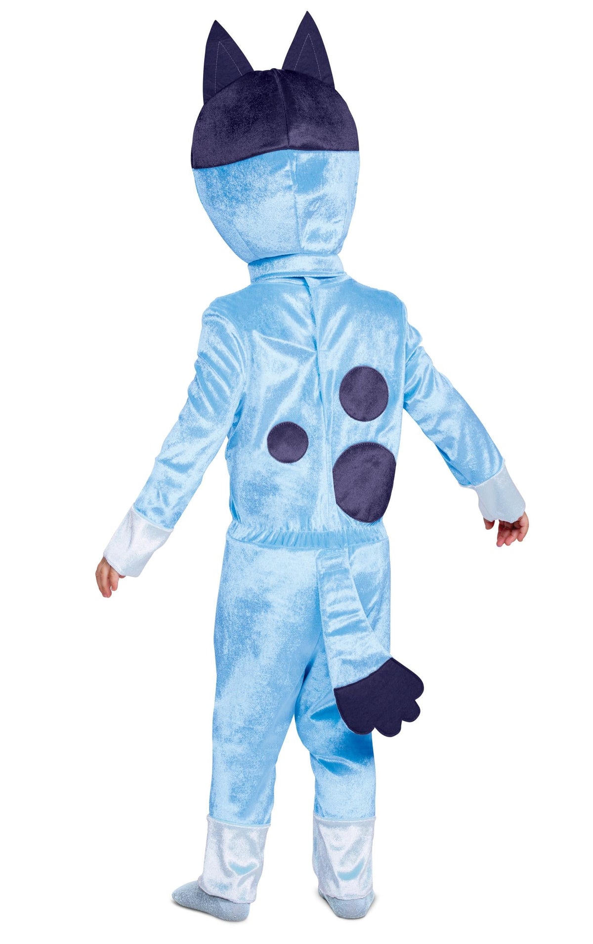 Light-blue toddler cat costume with hood ears, spot patches, and paw mitts