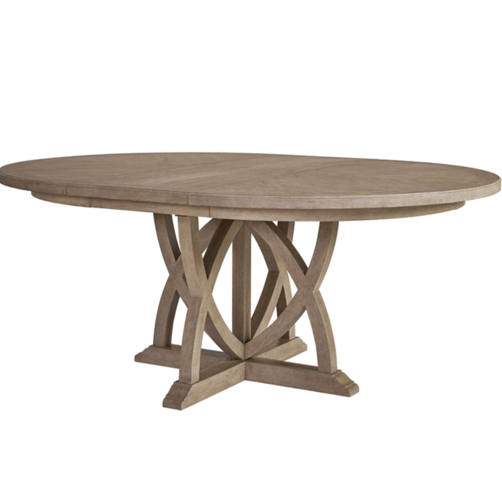 Sand round extendable dining table with pedestal base and cross-brace legs