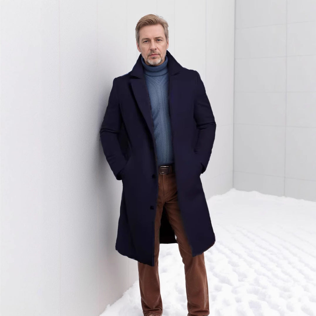 Men's single-breasted long warm coat, navy blue with notch lapels and button front