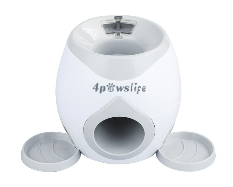 White smart pet feeder with open top and three-part base, two side trays