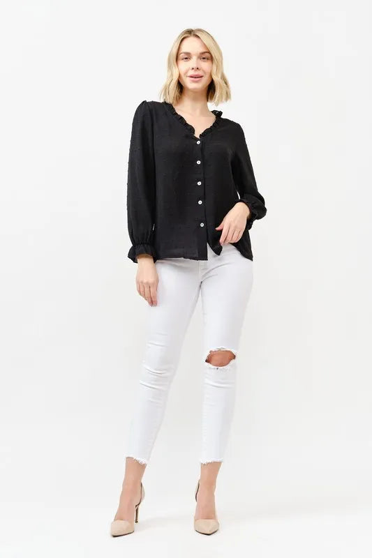 Black polka-dot blouse top with ruffle collar and button front