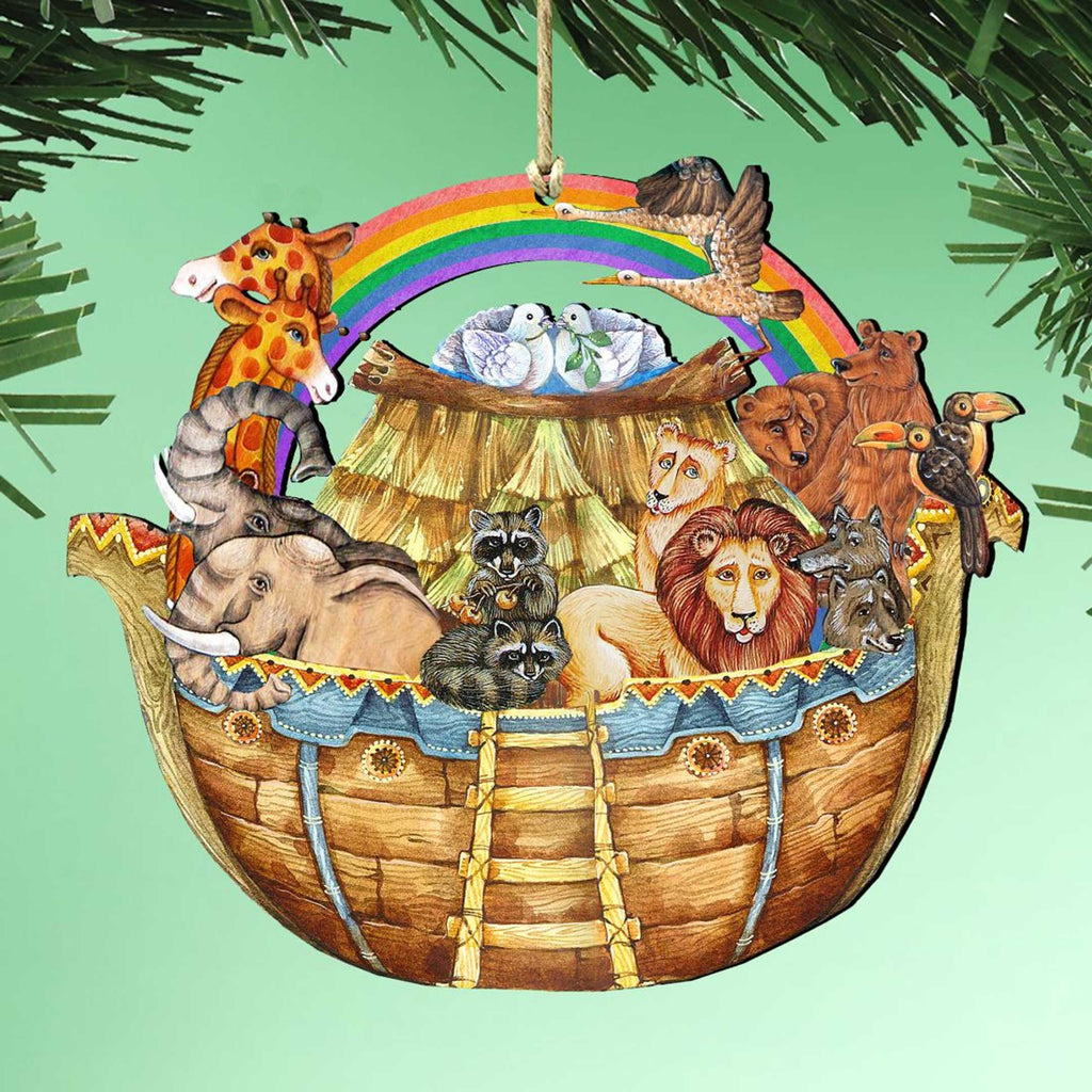 Round Noah’s Ark wooden Christmas ornament showing animals, rainbow arch, and hanging loop