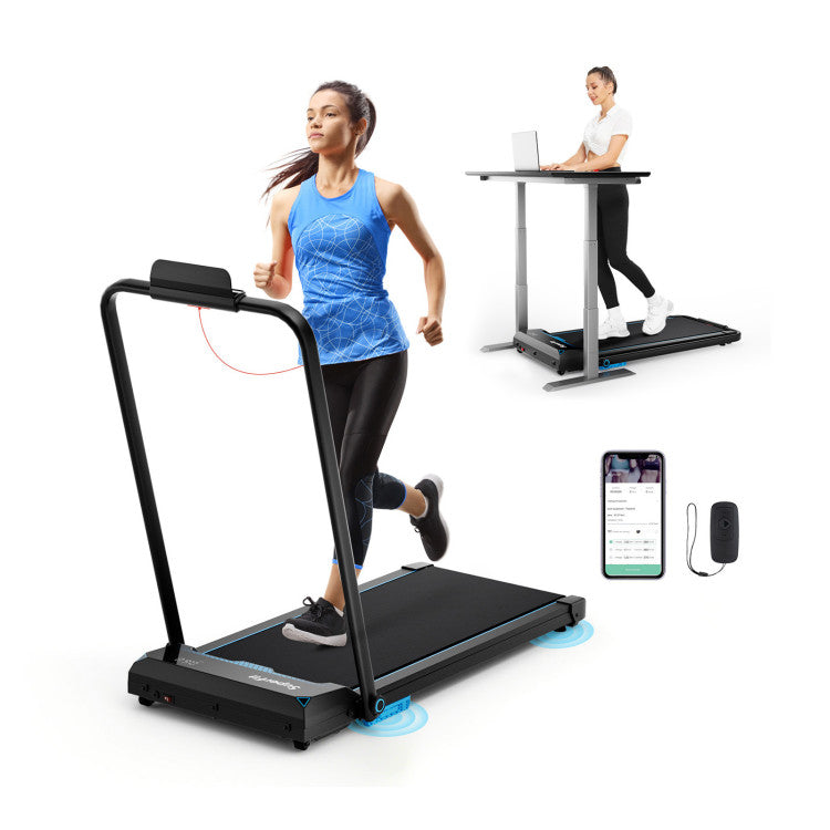 Black folding treadmill with side rails, console, and safety key