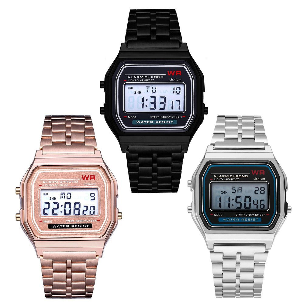 Digital alarm chronograph watch set with black, rose, and silver metal link straps