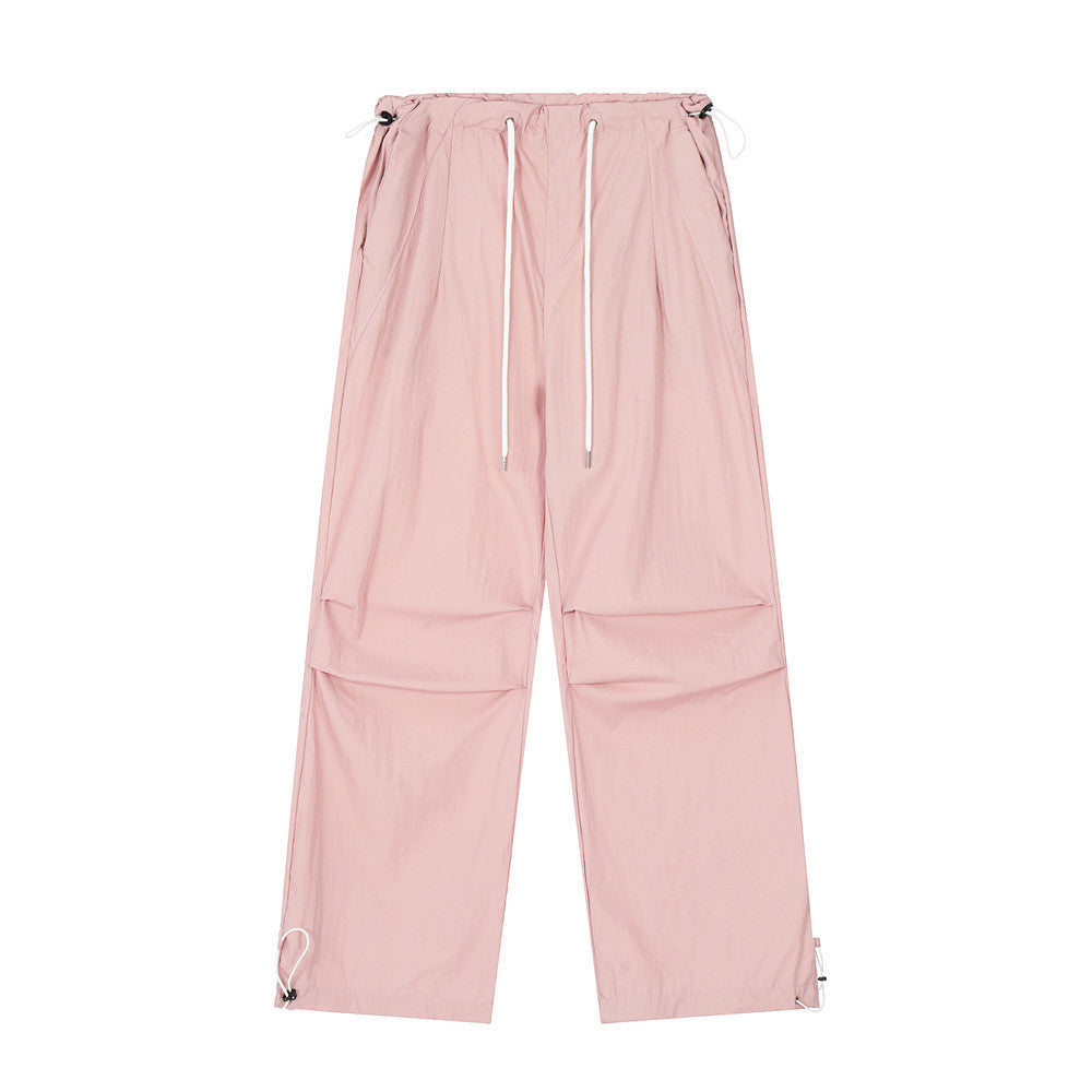 Men's drawstring cargo pants, light pink, relaxed straight legs with cargo patch pockets