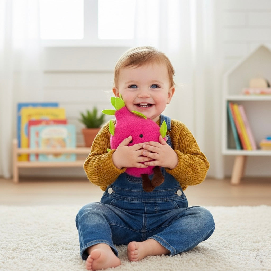 Pink dragon fruit plush toy held by a smiling child, green leaves and brown feet