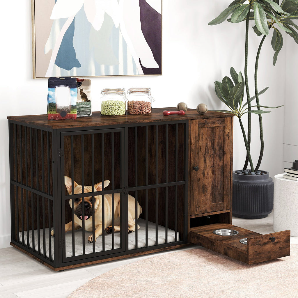 Rustic brown dog crate cabinet with black metal bars and side pull-out drawer