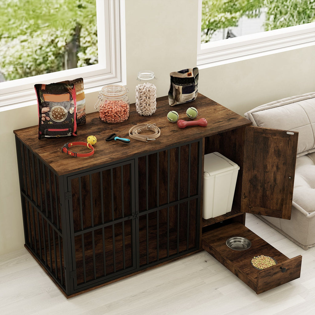 Rustic brown dog crate table with open side drawer storage and black metal front
