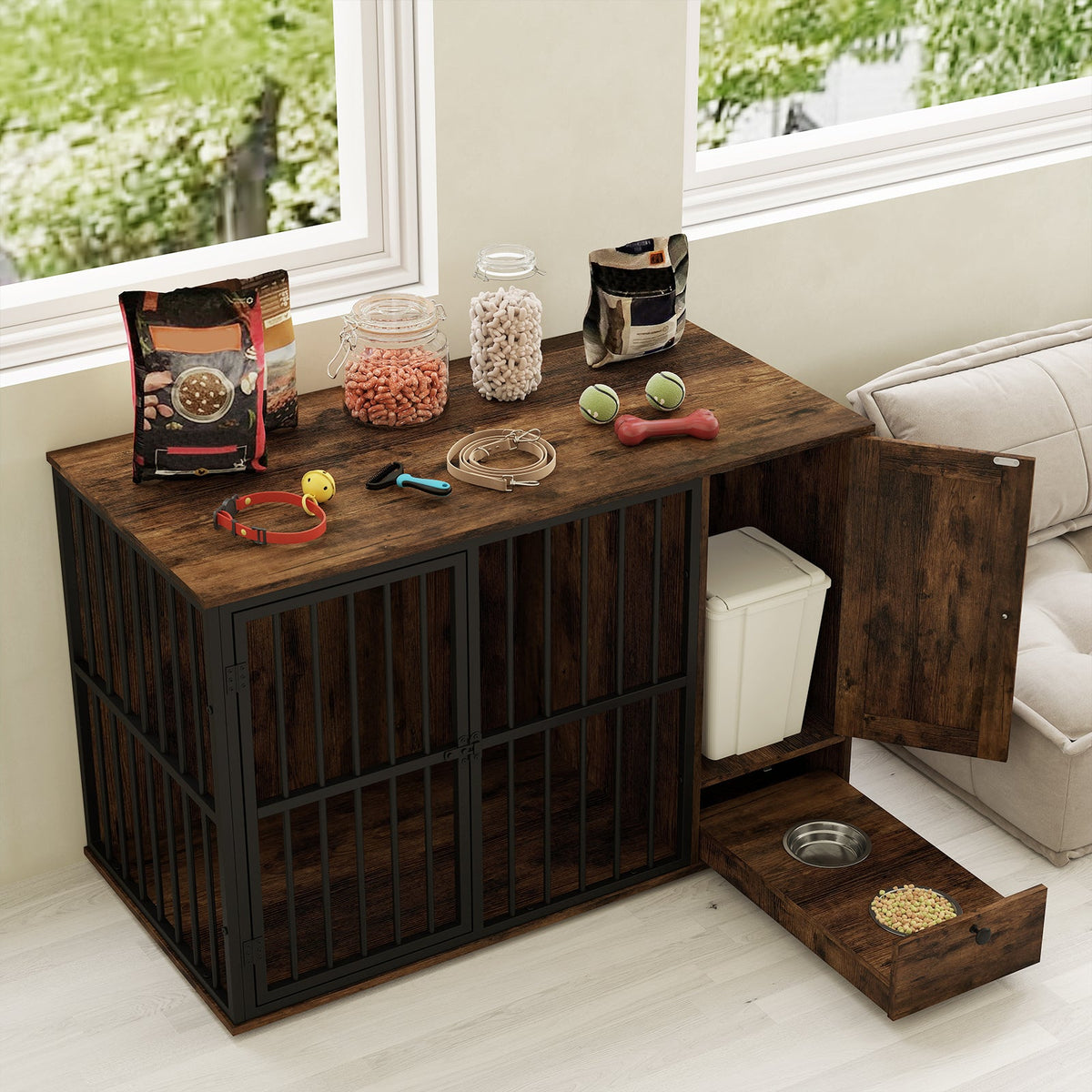 Rustic brown dog crate table with open side drawer storage and black metal front