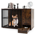 Rustic brown dog crate furniture with black bars, dog inside, and front drawer