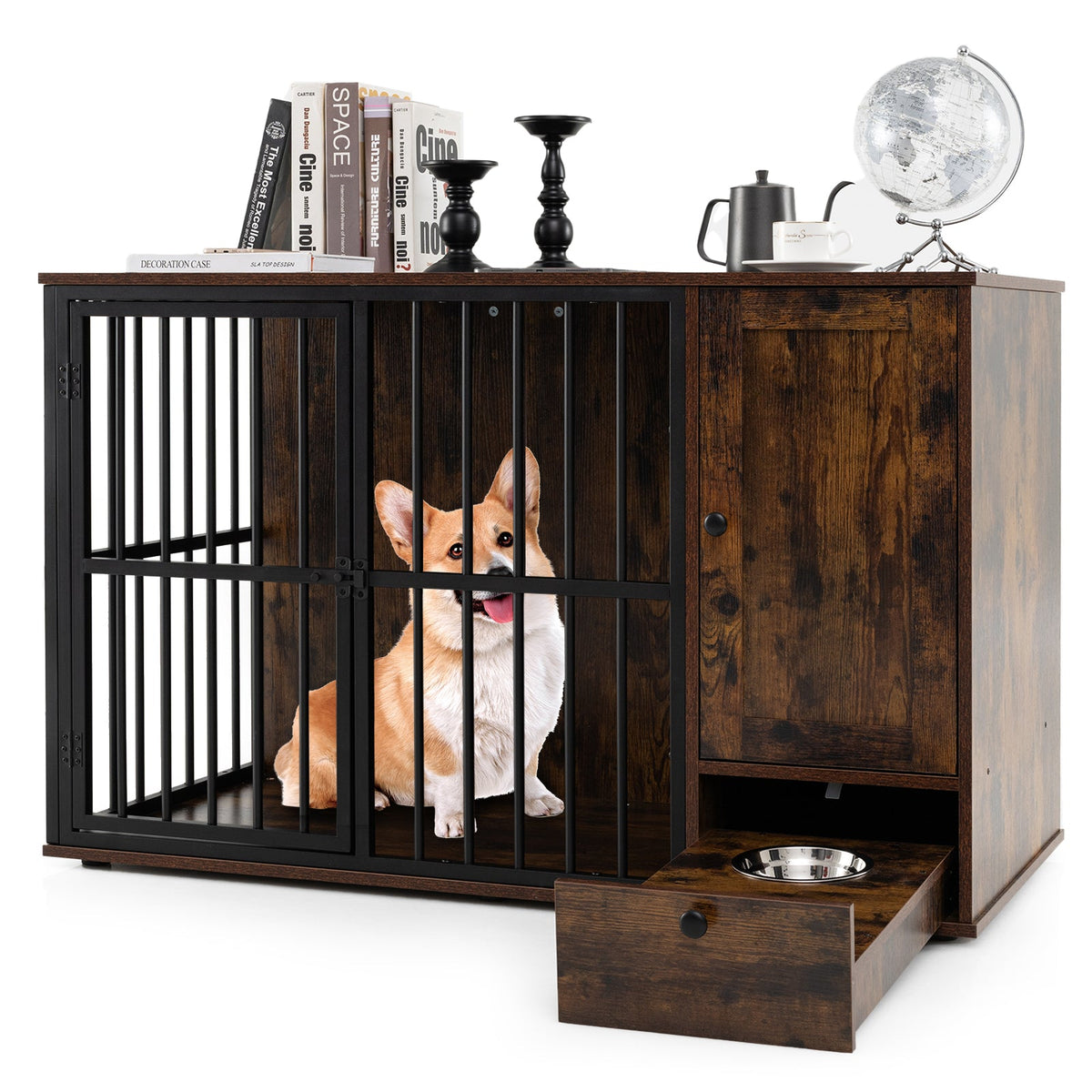 Rustic brown dog crate furniture with black bars, dog inside, and front drawer