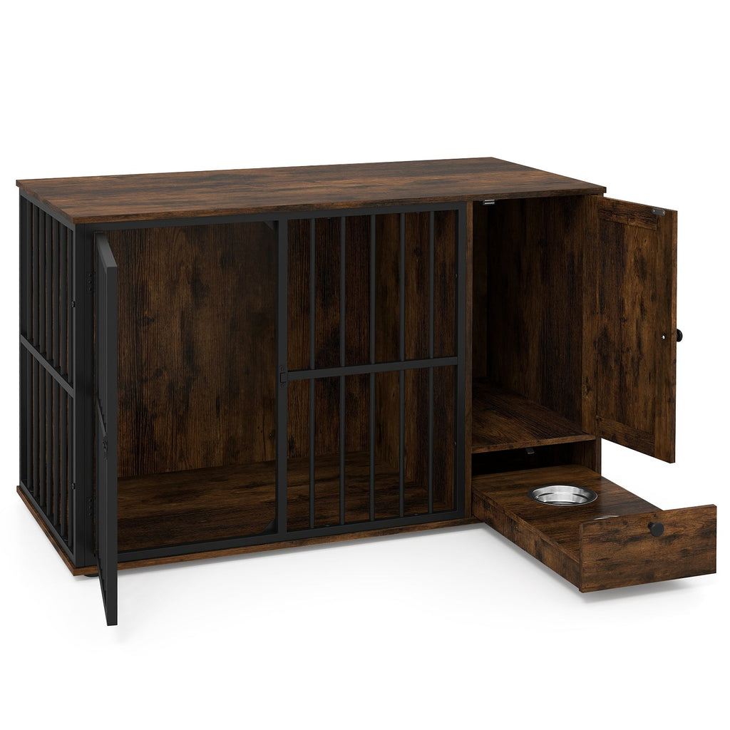Rustic brown dog crate cabinet with open interior and side pull-out drawer