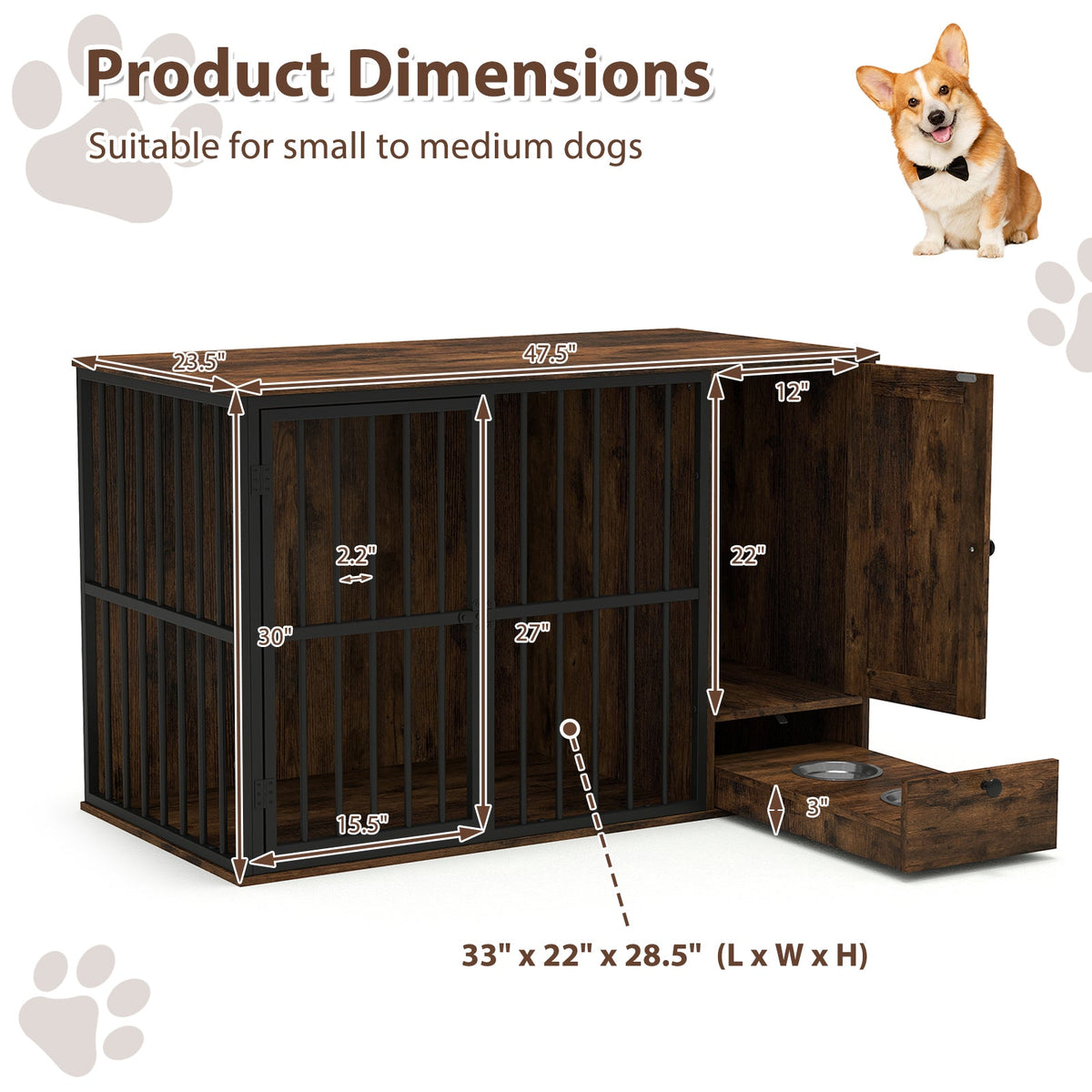 Rustic brown dog crate cabinet with black bars and side drawer for storage