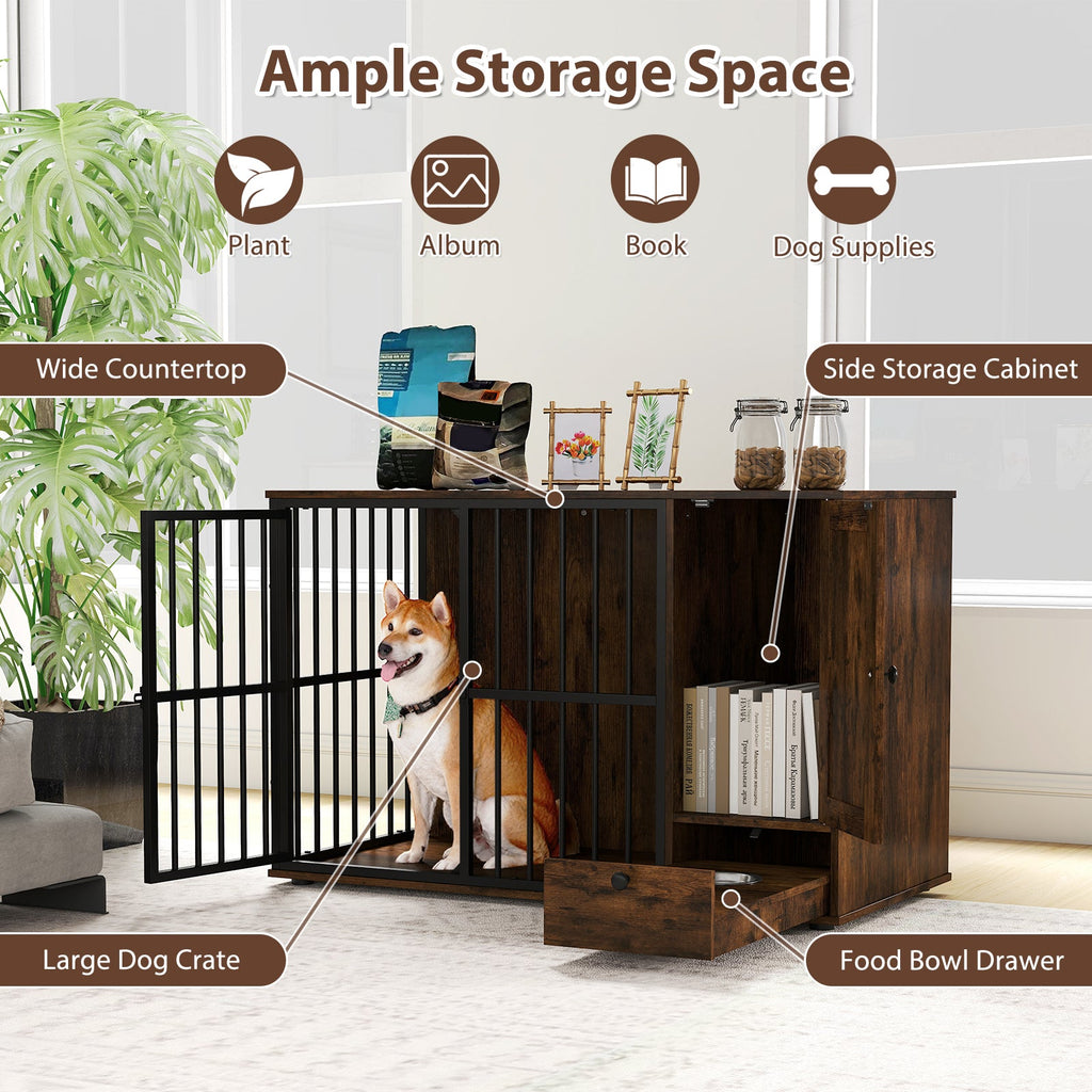 Rustic brown dog crate with black metal bars, side storage cabinet, and drawer