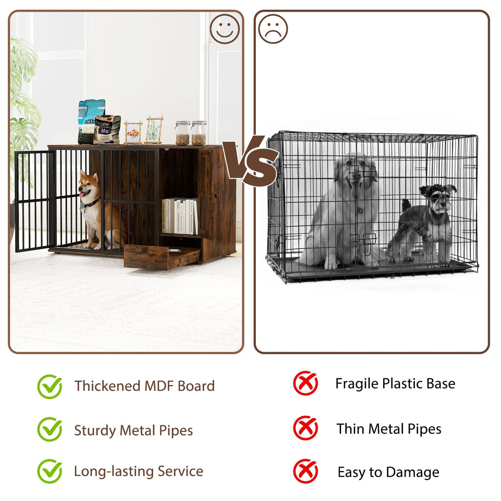 Rustic brown dog crate cabinet with black bars shown in a comparison layout