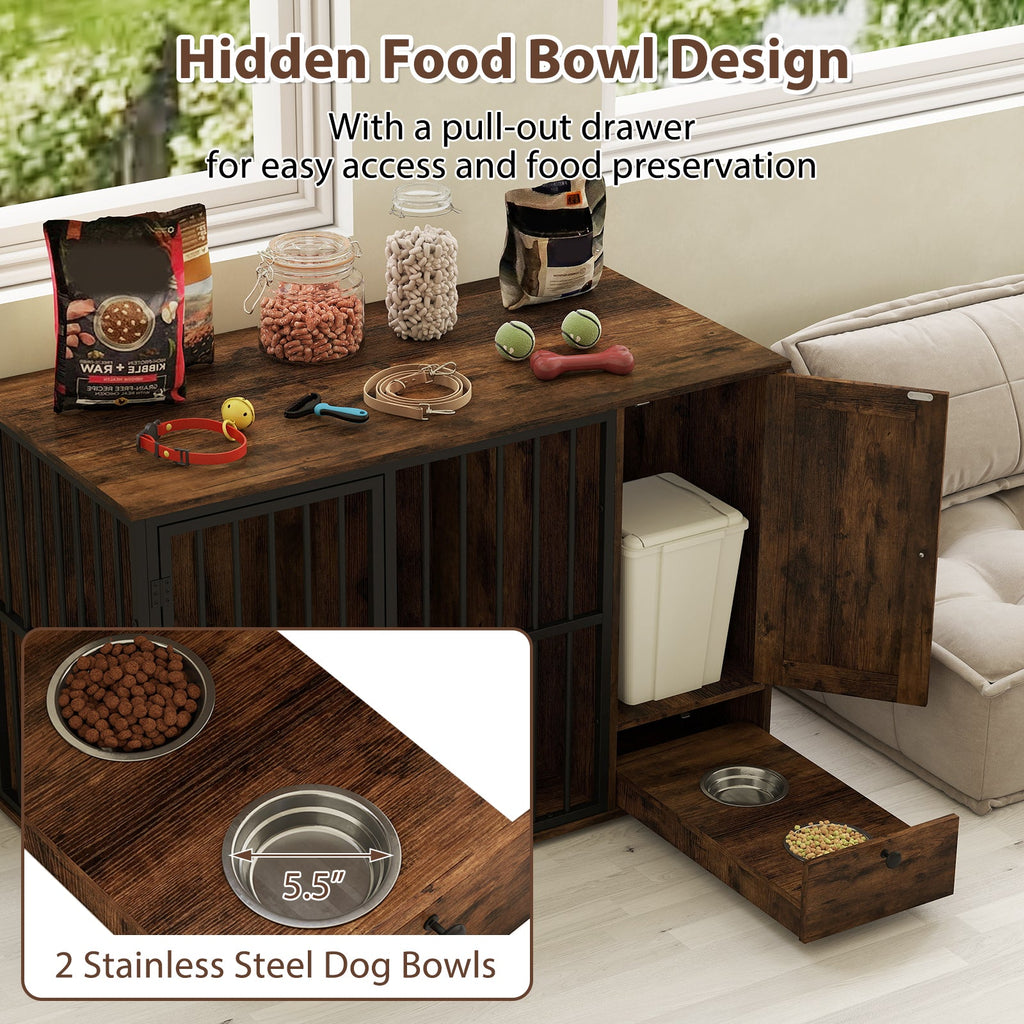 Rustic brown dog crate with hidden pull-out drawer holding two stainless steel bowls