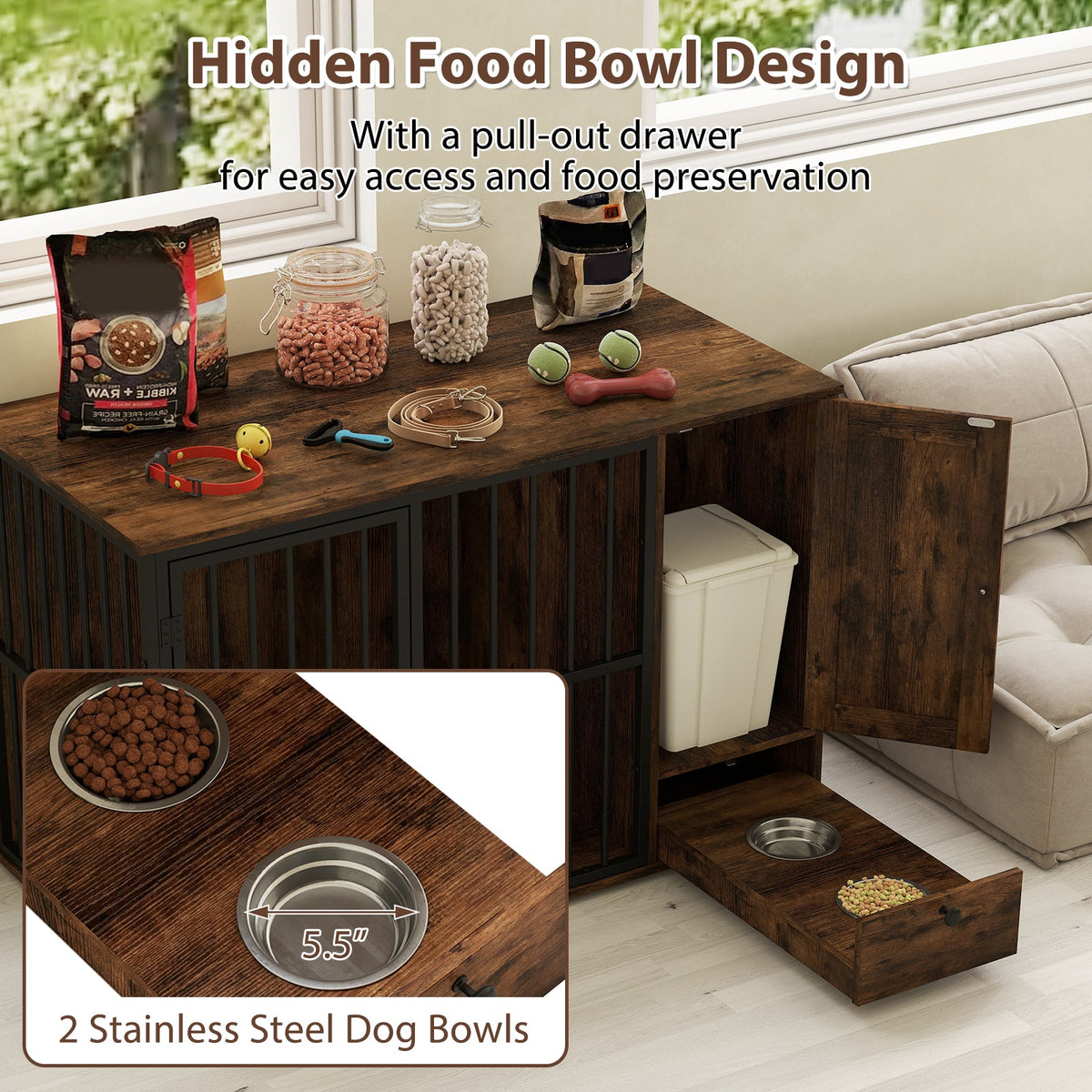 Rustic brown dog crate with hidden pull-out drawer holding two stainless steel bowls