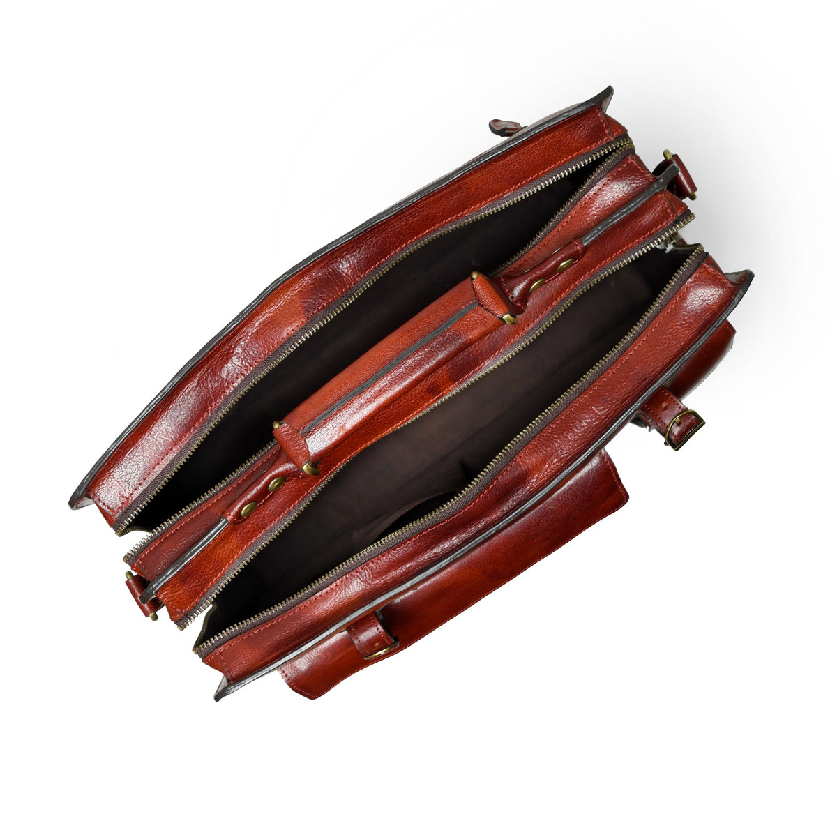Tan leather briefcase side view with zipper pocket and layered compartments.
