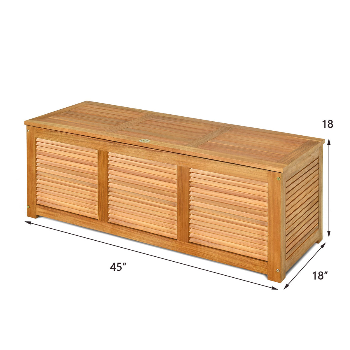 Acacia wood storage bench box with slatted front panels and hinged top, size view
