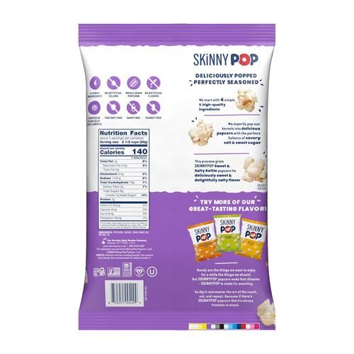 Skinny Pop kettle corn bag back with Nutrition Facts panel and barcode