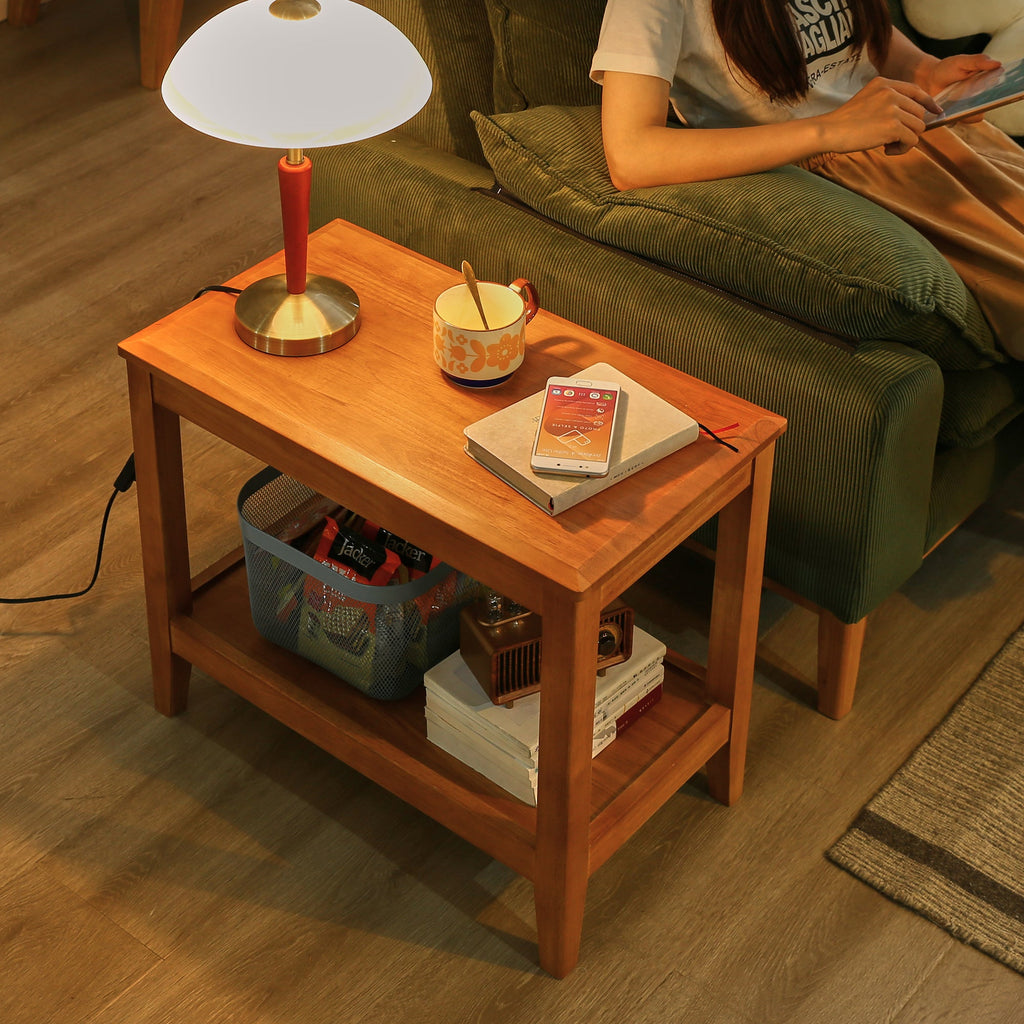 Solid wood end table with rectangular top and lower open shelf