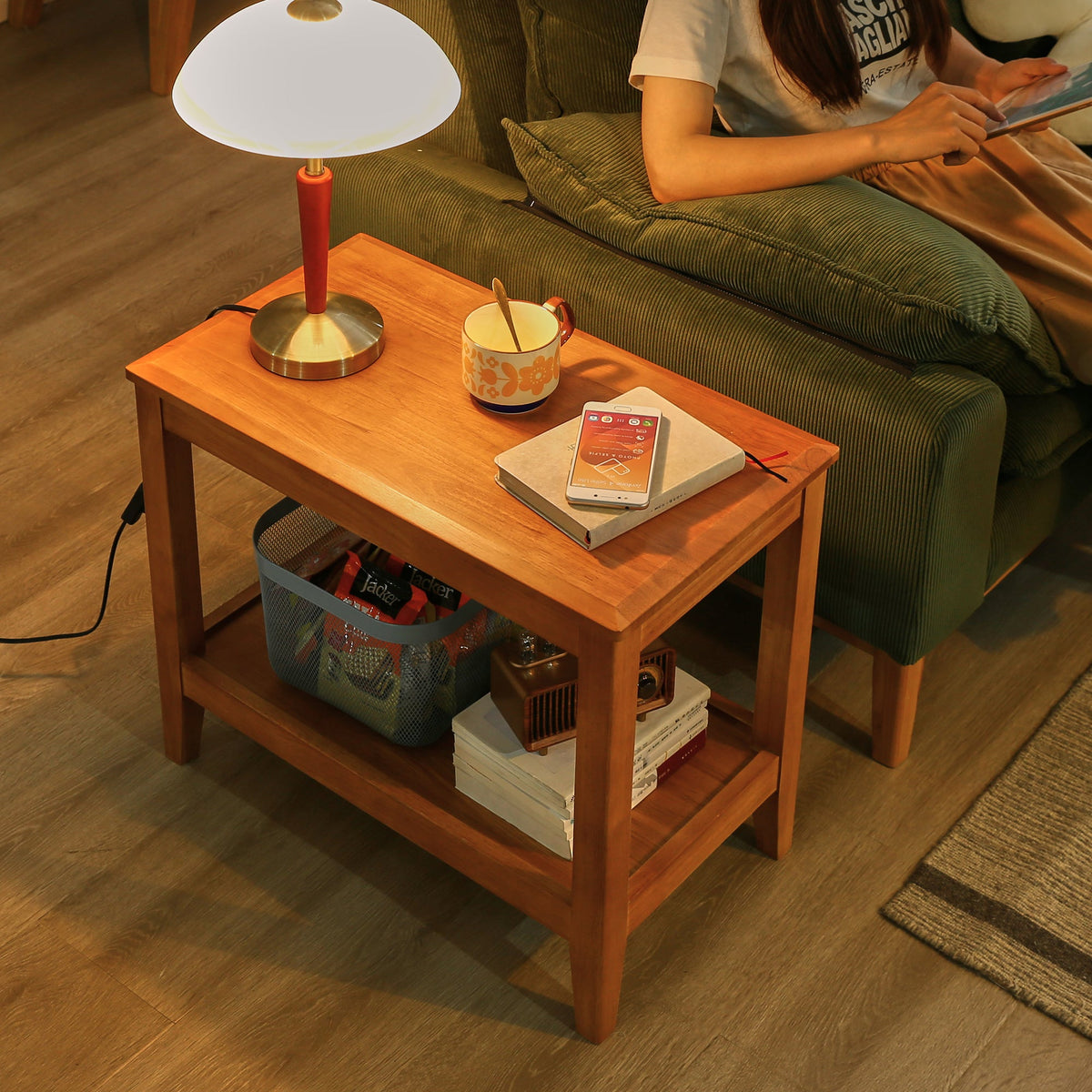 Solid wood end table with rectangular top and lower open shelf