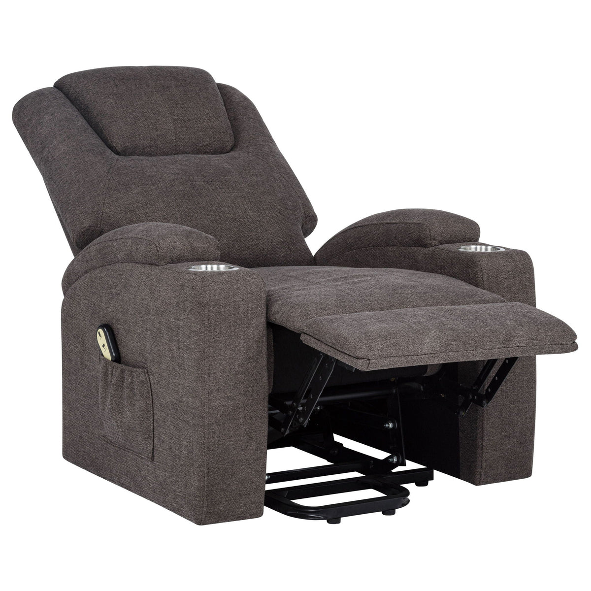 Louie Chenille power lift massage chair with side panel controls and exposed lift base, dark