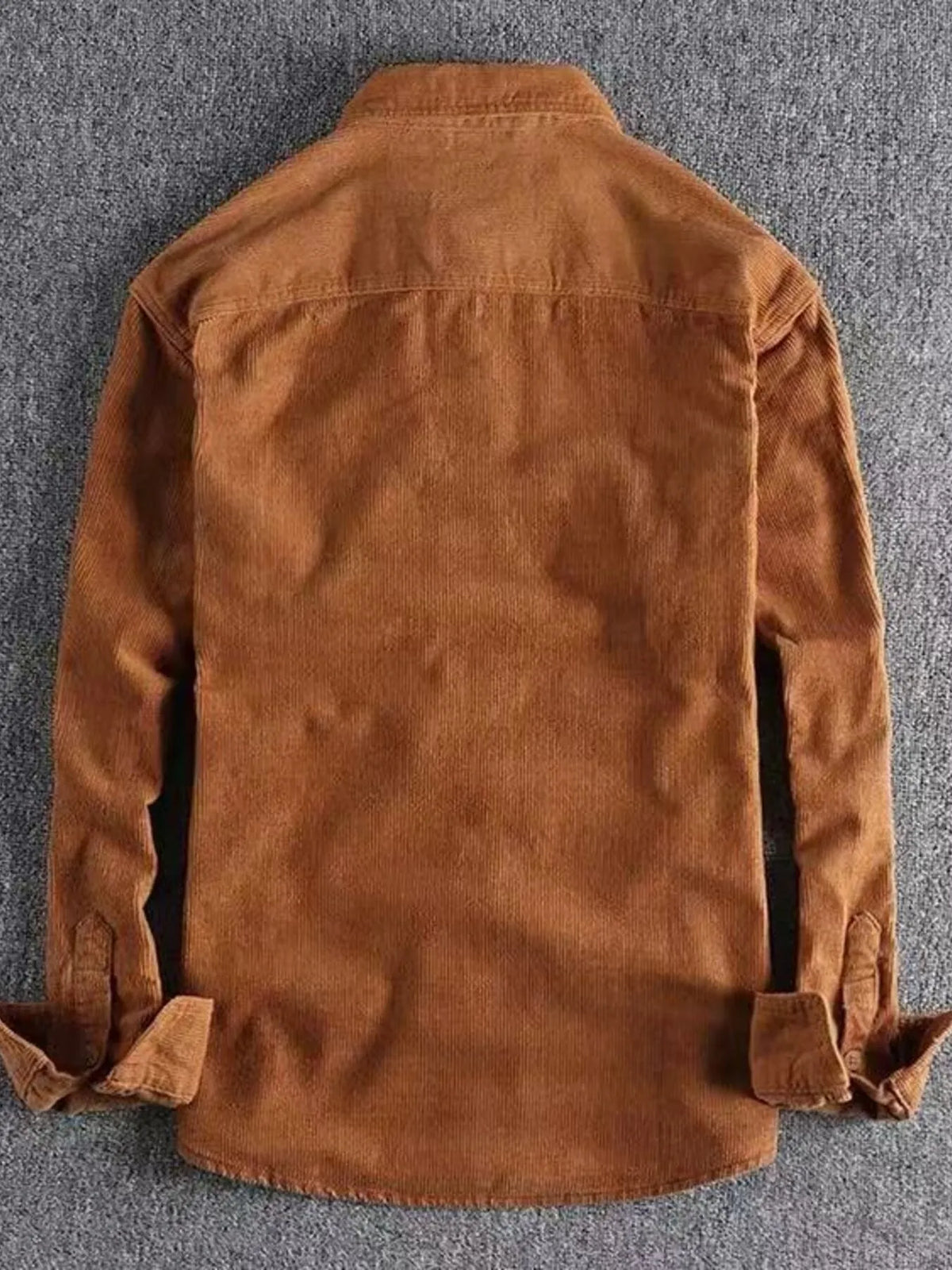 Men’s corduroy long-sleeve button-up shirt, back view, tan-brown with buttoned cuffs