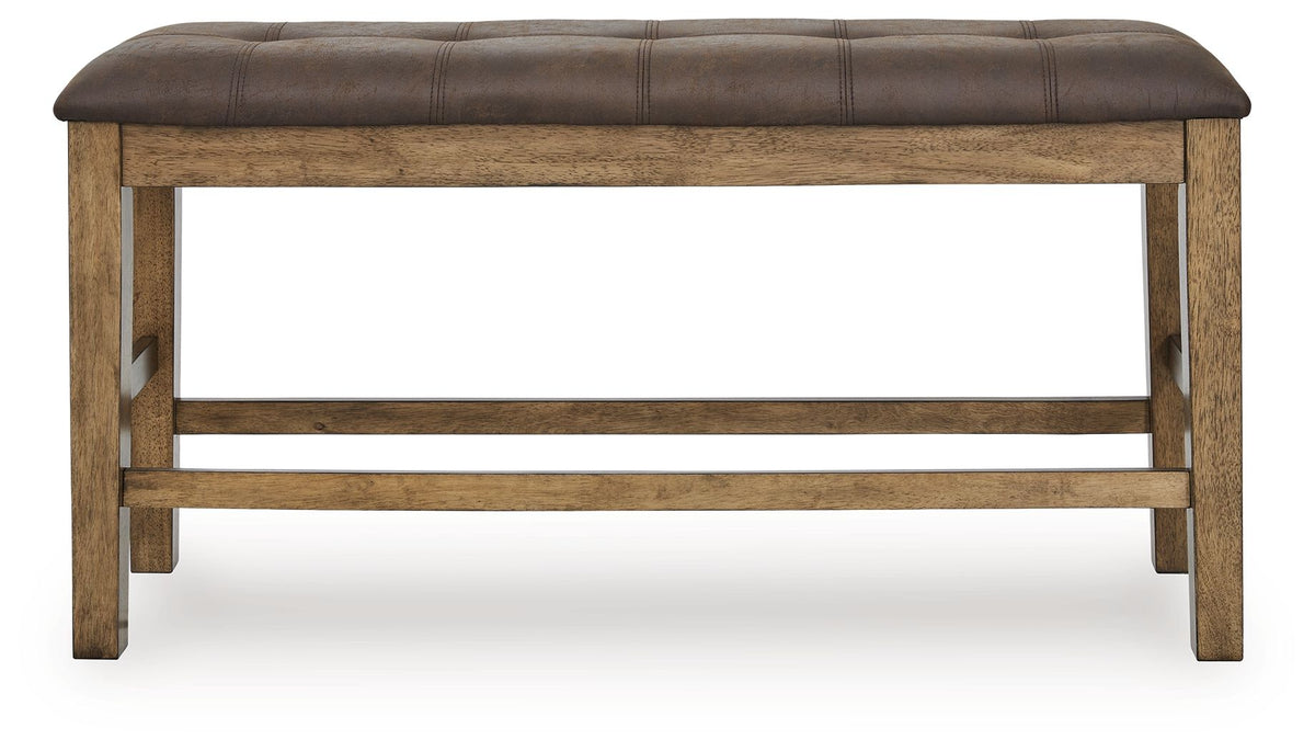 Upholstered bench top view with dark brown seat cushion and light wood frame with rails