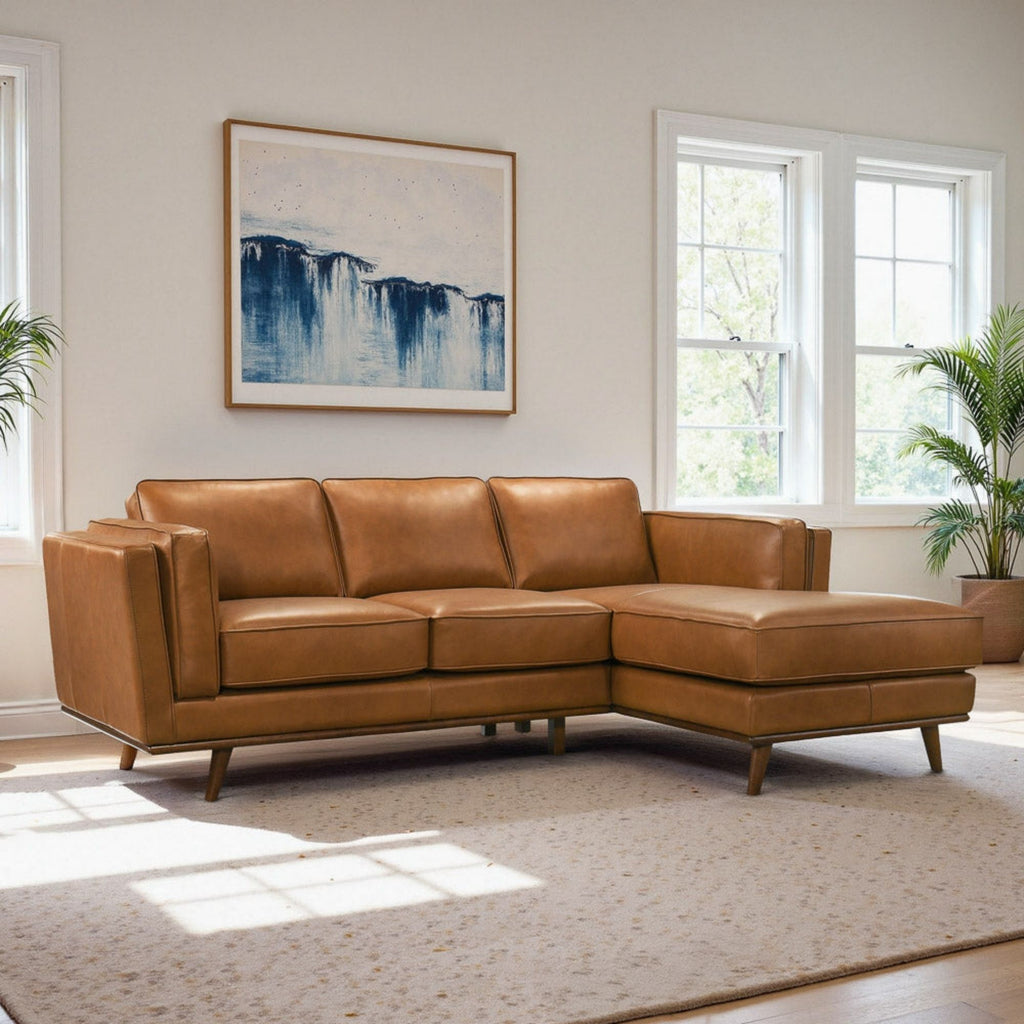 Light brown sectional sofa with chaise corner and thick padded cushions