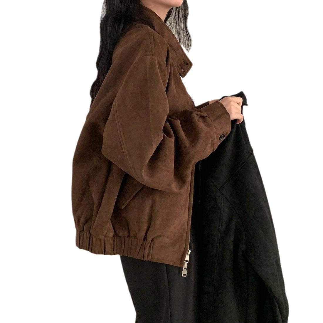 Brown velvet coat jacket with high collar, snap placket, and dual zippers