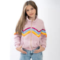Pink sherpa zip-front jacket with rainbow sequin trim on cuffs and hem