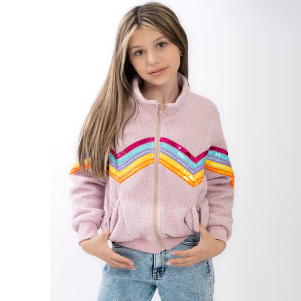 Pink sherpa zip-front jacket with rainbow sequin trim on cuffs and hem