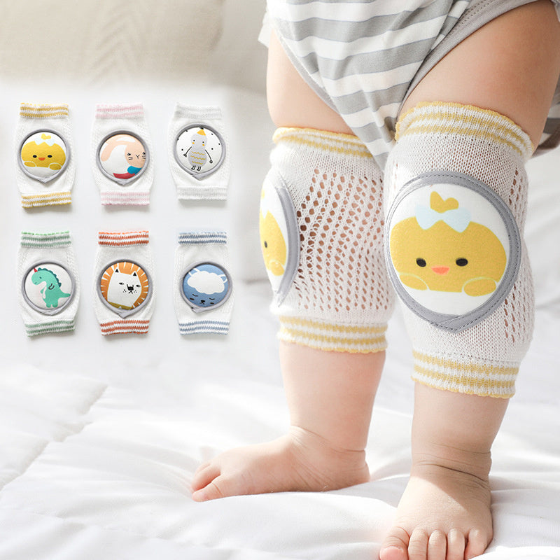 Cartoon baby knee pads set, white knit with yellow stripes and duck patches on legs