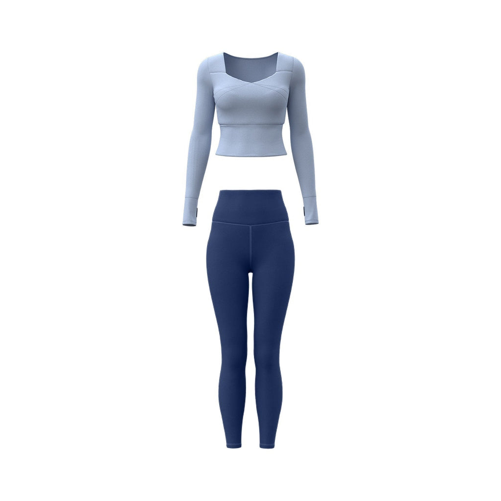 Seamless yoga set, light blue long-sleeve crop top with matching navy high-waist leggings