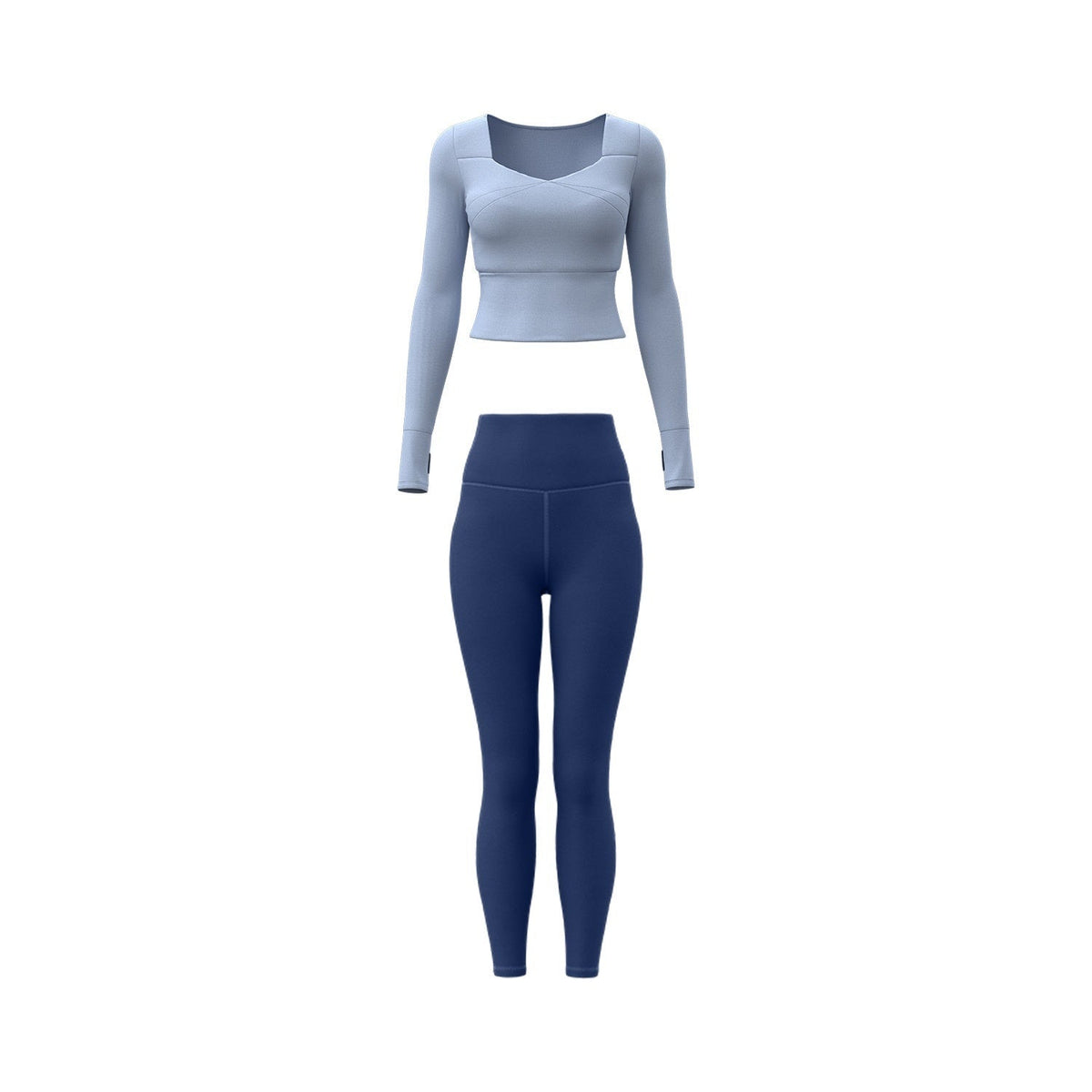 Seamless yoga set, light blue long-sleeve crop top with matching navy high-waist leggings