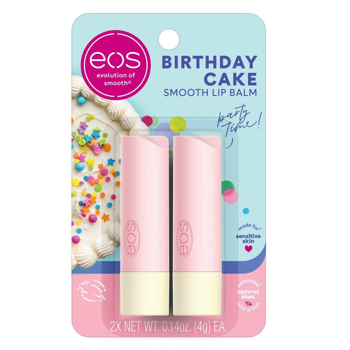 eos Birthday Cake lip balm duo, two pink balm tubes displayed in blister packaging