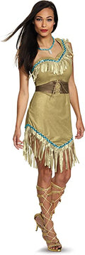 Adult boho Halloween costume dress with turquoise trim and fringe, lace-up leg wraps